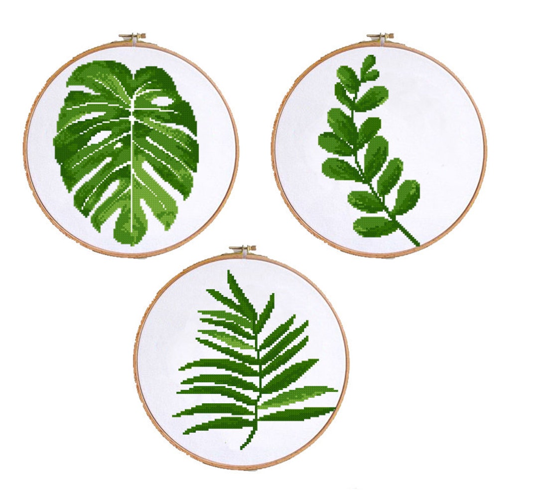 Green Leaves Flowers Cross Stitch Pattern Set Modern Cross Stitch ...