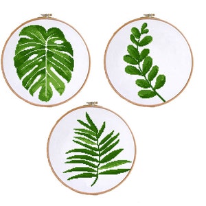 Op de afbeelding: Drie borduurringen met groene bladeren. De ringen zijn van hout en hebben een witte achtergrond. De bladeren zijn in verschillende vormen en maten.