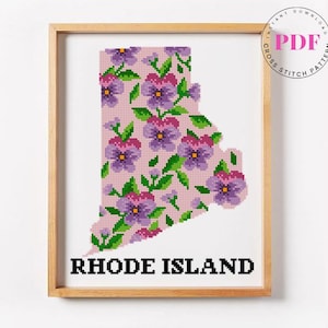 Rhode Island Kreuzstichmuster PDF | Floral Zustand Karte Stickerei | Viola Blumen Stichvorlage | Kunst des US Bundesstaates | Sofort Download PDF