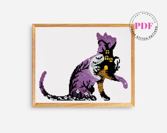 Cat cross stitch pattern Halloween cross stitch chart landscape xstitch pattern home decor diy embroidery design Instant Download PDF