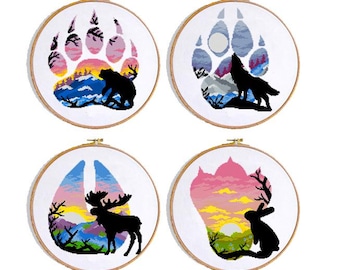 Conjunto de patrones de punto de cruz de vida silvestre / Silueta de oso, lobo, alce, conejo / Bordado de paisaje natural en PDF / Descarga instantánea de animales del bosque