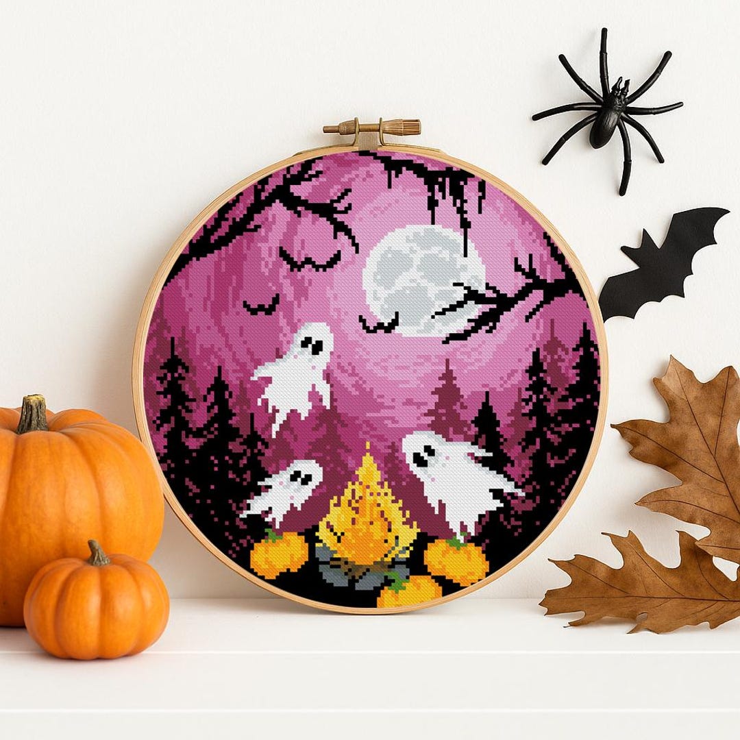 Halloween Ghost Cross Stitch Pattern: Spooky Moon & Haunted Forest (PDF ...