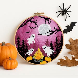 Halloween Ghost Cross Stitch Pattern: Spooky Moon & Haunted Forest (PDF Download)