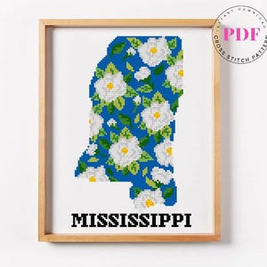 Mississippi State Kreuzstichmuster PDF - Magnolien geblümte USA Karte gestickt - modernes Umrissdesign für Stickrahmen