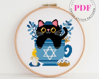 Hanukkah cat cross stitch pattern holiday cross stitch easy cross stitch chart cute cross stitch design Digital Format - PDF