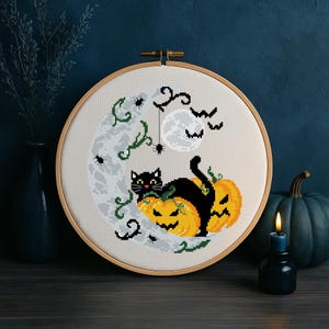 Halloween Cat Cross Stitch Pattern PDF – Black Cat with Pumpkins and Full Moon, Cute Halloween Embroidery, Spooky Fall Stitching Decor