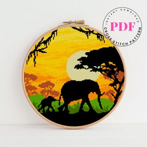 Landschap kruissteekpatroon olifant kruissteekontwerp dier kruissteekkaart natuur zon Afrika digitaal formaat - pdf