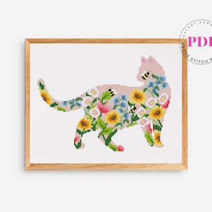 Kat kruissteekpatroon bloemen natuur bij dier kruissteekpatroon Digitaal formaat - pdf