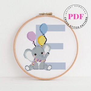 Patrón de punto de cruz con la letra E, alfabeto para bebé, decoración de guardería, patrón de punto de cruz con elefante Formato digital - PDF