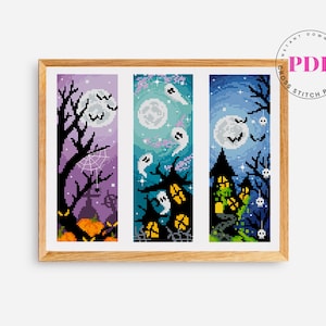 Set van 3 Halloween-kruissteekpatroon bladwijzers Spookachtig, spook, horror, vleermuis, heks, pompoen digitaal formaat - pdf