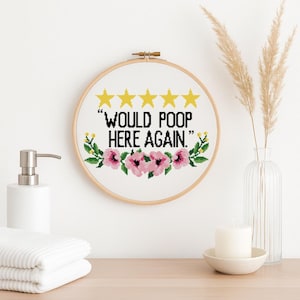 Pode incluir: Um bastidor de bordado em ponto cruz com o texto "WOULD POOP HERE AGAIN." O design inclui cinco estrelas amarelas, flores cor-de-rosa e folhas verdes. O bastidor é exibido numa parede branca com elementos decorativos.