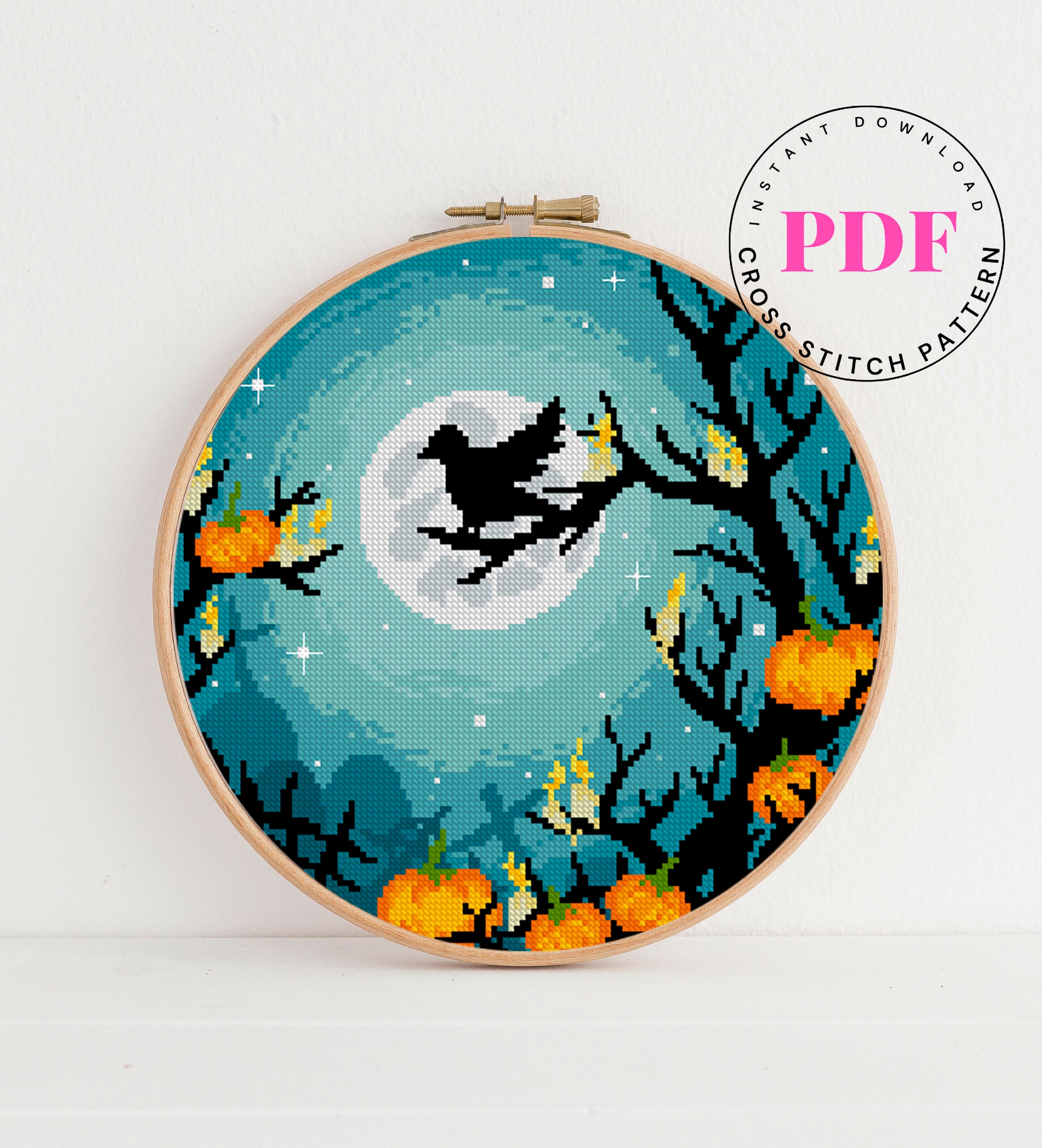 Halloween witches counted cross stitch pattern landscape xstitch moon ...