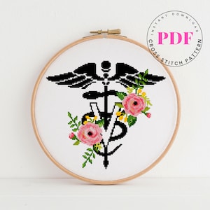 Dierenarts caduceus kruissteekpatroon bloemen kruissteek ontwerp eenvoudig kruissteekschema DIY digitaal formaat - PDF