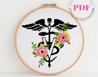 Veterinarian caduceus cross stitch pattern floral cross stitch design easy cross stitch chart DIY Digital Format - PDF