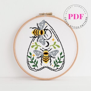 Bee Cross Stitch Pattern PDF | Modern Planchette Embroidery | Cute Honey Bee Digital Download | Gothic Witchy Hoop Art
