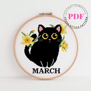 PDF kat kruissteekpatroon maart | Zwarte kat met narcissen | Maandelijks bloemenborduurwerk | Leuk lenteontwerp | Direct downloaden