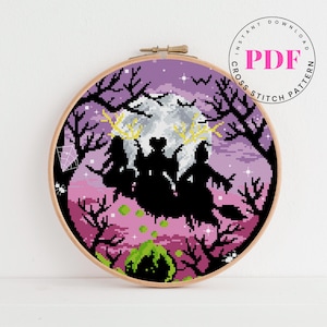 Witches cross stitch pattern modern counted cross stitch pattern horror moon landscape halloween cross stitch Digital Format - PDF