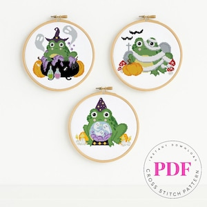 Halloween Frog Cross Stitch Pattern Bundle PDF | Funny Witch Frog | Cute Mummy Toad | Fortune Teller | Instant Download