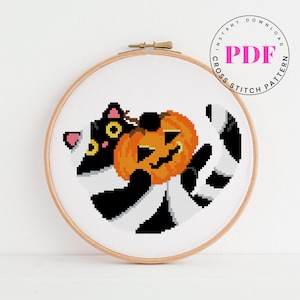 Halloween kat kruissteekpatroon pompoen kruissteek schattige kat kruissteek spookachtig Digitaal formaat - pdf