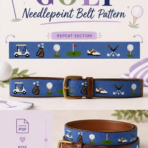 May include: Blue needlepoint belt with a golf theme, featuring golf carts, golf balls, flags, and golf shoes. The belt has a brown leather backing and a gold-colored buckle. The text "GOLF Needlepoint Belt Pattern" is visible.