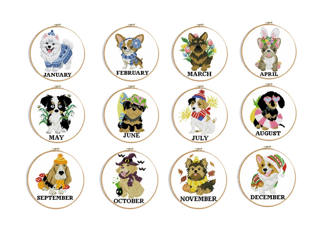 Set of 12 Dogs Cross Stitch Pattern Four Season Easy Cross Stitch Chart DIY Home Decor Small Cross Stitch Pattern Digital Format PDF