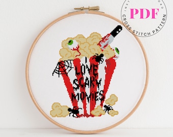 I love scary movies counted cross stitch pattern modern cross stitch chart horror cross stitch spooky embroidery  Digital Format - PDF