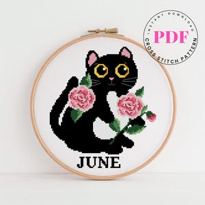 June Cat Cross Stitch Pattern PDF | Black Cat with Roses Embroidery | Floral Cat Pattern | Modern Funny Cross Stitch Gift for Cat Lover