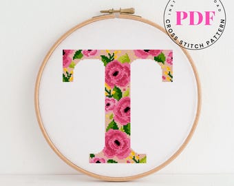 Floral Letter T Cross Stitch Pattern PDF | Monogram Alphabet Embroidery