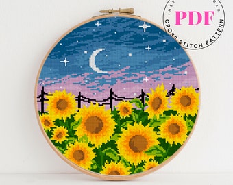 Night Sunflower fields cross stitch pattern Nature landscape modern cross stitch pattern easy to stitch Digital Format - PDF