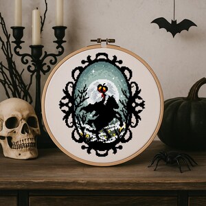 Spooky Rider Cross Stitch Pattern | Halloween Moon Embroidery PDF | Gothic Forest Needlework | Creepy Fall Decor