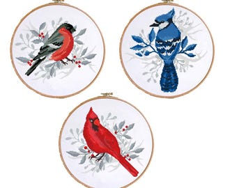 Bird Cross Stitch Pattern Set PDF | Cardinal, Bullfinch & Blue Jay | Winter Bird Embroidery | Modern Cross Stitch Design