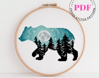 Bear Cross Stitch Pattern PDF – Wilderness Forest Animal Embroidery – Moon and Trees Silhouette – Modern Nature Hoop – Instant Download PDF