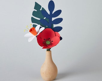 Red Poppy Paper Flower Bouquet, Valentine's Day Gift, Wood Vase, Artificial Flower, Birthday Gift, Self Gift, Ecofriendly, Galentine's Day