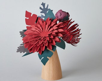 Burgundy Dahlia Paper Flower Bouquet Wooden Vase, Artificial Flower, Mother's Day Flower Gift, Long lasting flowers, Valentine's Day Gift