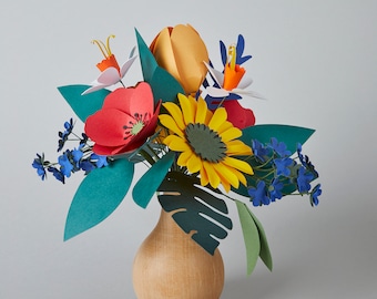 Grand bouquet de fleurs en papier Fleurs sauvages, Cadeau pour la Saint-Valentin, Tournesol en papier, Vase en bois, Cadeau d'anniversaire, Cadeau pour la fête des Mères, Cadeau de soi