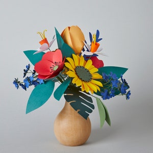 Bouquet di fiori di carta di grandi dimensioni con fiori selvatici, regalo per San Valentino, girasole di carta, vaso di legno, regalo di compleanno, regalo per la festa della mamma, regalo per se stessi