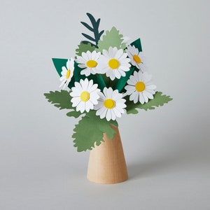 Bouquet di margherite di carta, fiore di carta fatto a mano con vaso di legno, regalo di San Valentino, regalo di guarigione presto, regalo per la festa della mamma, regalo per lei
