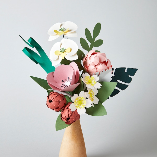 Bouquet de fleurs de pivoine orchidée en papier, cadeau de la Saint-Valentin, vase en bois, cadeau de fleur de la fête des mères, cadeau pour elle, centre de table, anémone