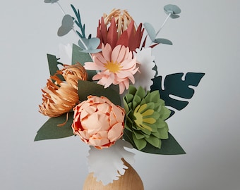 Paper Peony Flower Bouquet, Valentine's Day Gift, Wood Vase, Mother's Day Flower Gift, Floral Arrangement, Flower Centerpiece, Protea