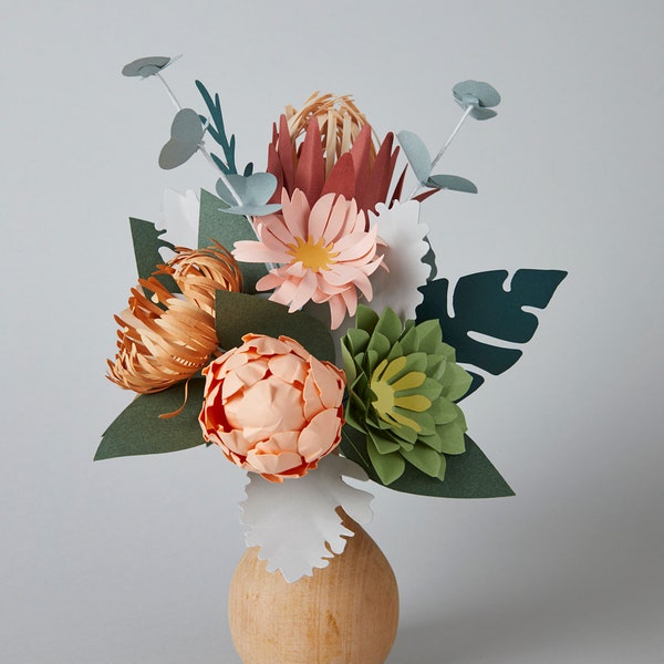 Bouquet de fleurs de pivoine en papier, cadeau Saint-Valentin, vase en bois, cadeau fleur de fête des mères, composition florale, fleur de centre de table, protéa