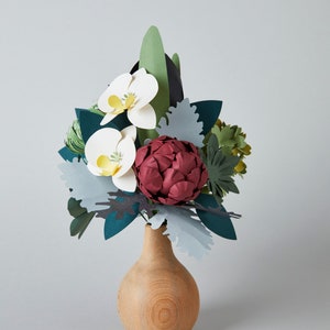 Orchidée pivoine, bouquet de fleurs en papier, vase en bois, cadeau respectueux de l'environnement, orchidée en papier, fausse fleur, nouvel emploi, cadeau de bureau à domicile, cadeau de la Saint-Valentin