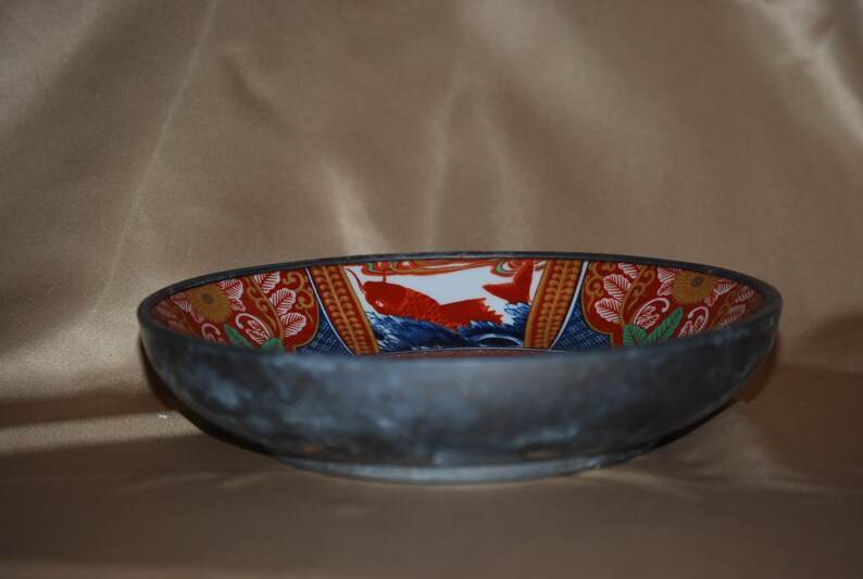 Vintage Porcelain Imari Bowl in Pewter Encased 7.75 Diameter