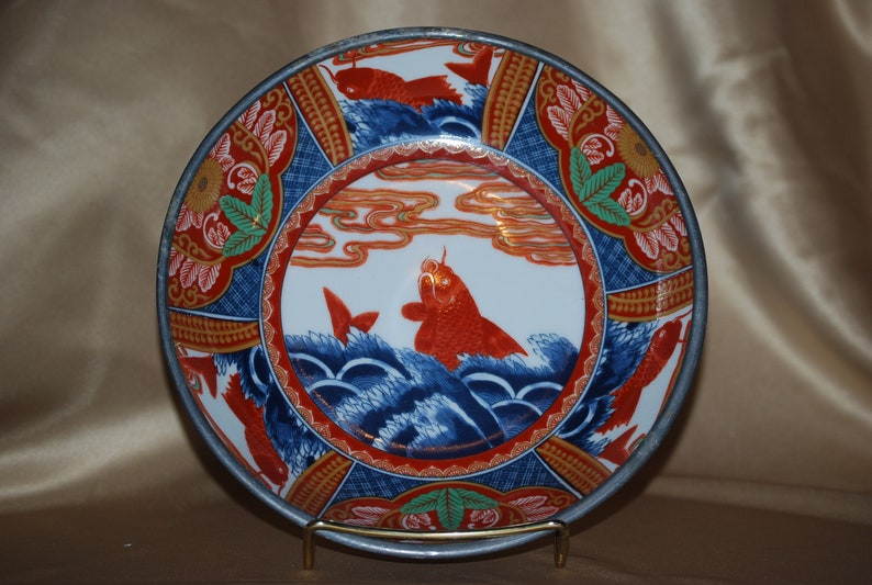 Vintage Porcelain Imari Bowl in Pewter Encased 7.75 Diameter