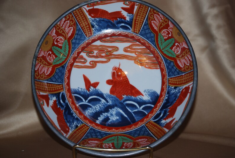 Vintage Porcelain Imari Bowl in Pewter Encased 7.75 Diameter