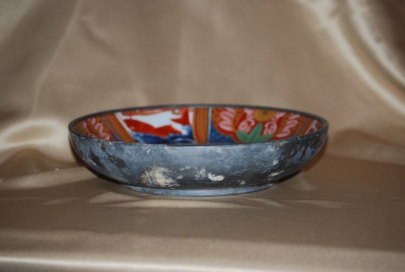 Vintage Porcelain Imari Bowl in Pewter Encased 7.75 Diameter