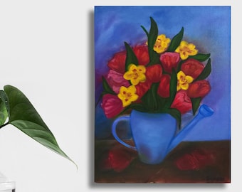 Original still life painting with tulips Flower bouquet oil paintings
