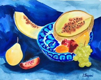 Ukrainian art Still life in watercolor with juicy summer fruits Ukrainian artist Original still life painting