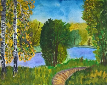 Watercolor painting of a birch and a river Autumn landscape in a watercolor painting  Painting of nature Original watercolor painting