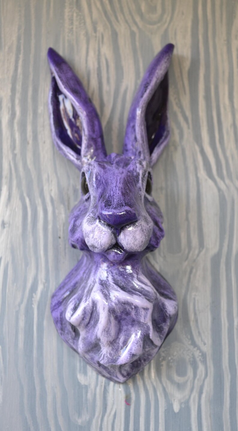 Purple Hare Head Wall Sculpture: Hand-painted Plaster Rabbit Art - Made ...
