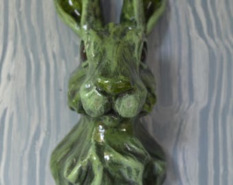 Green Hare Head Wall Sculpture: Hand-Painted Plaster Rabbit Art